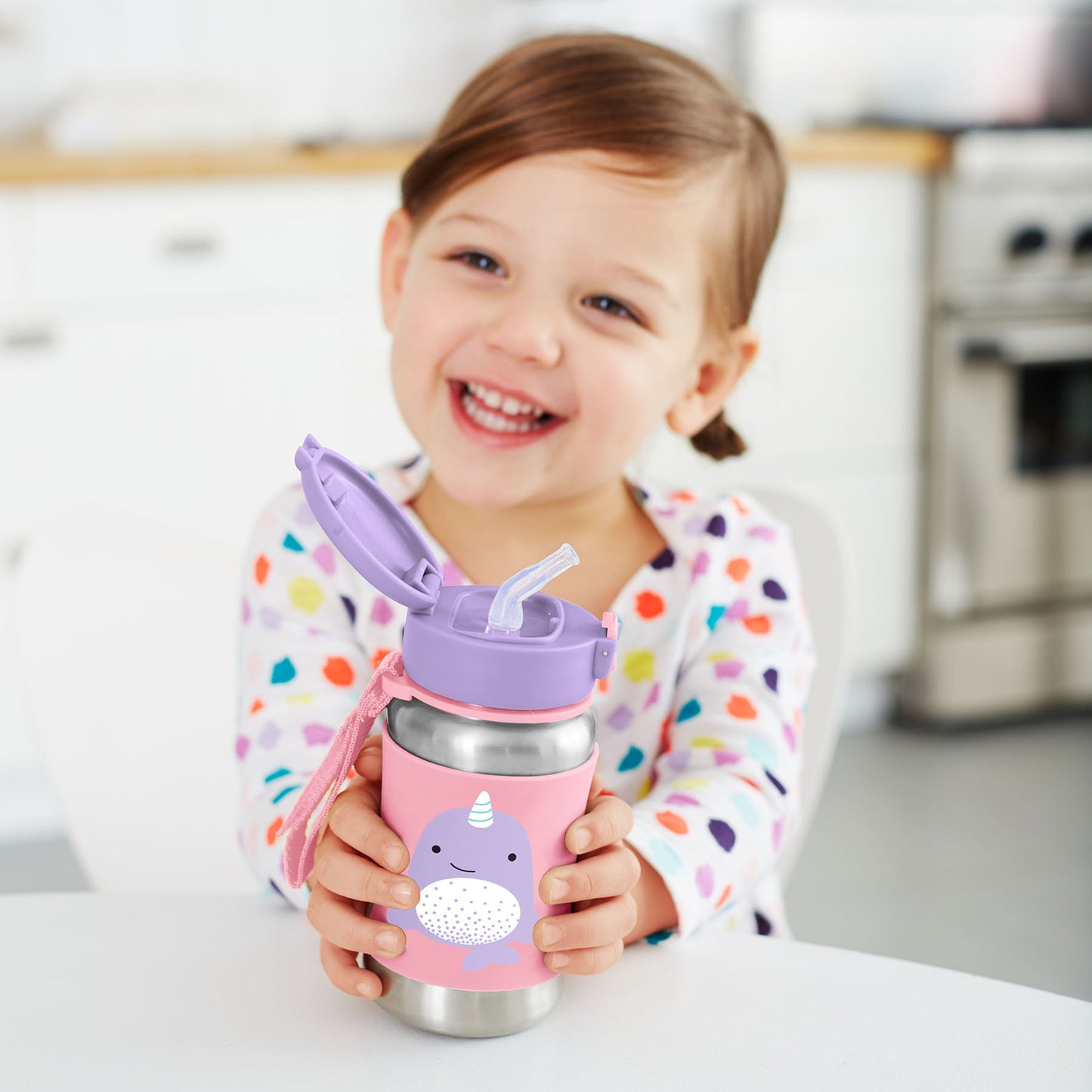 Skip Hop Zoo Stainless Steel Little Kid Straw Bottle-Narwha