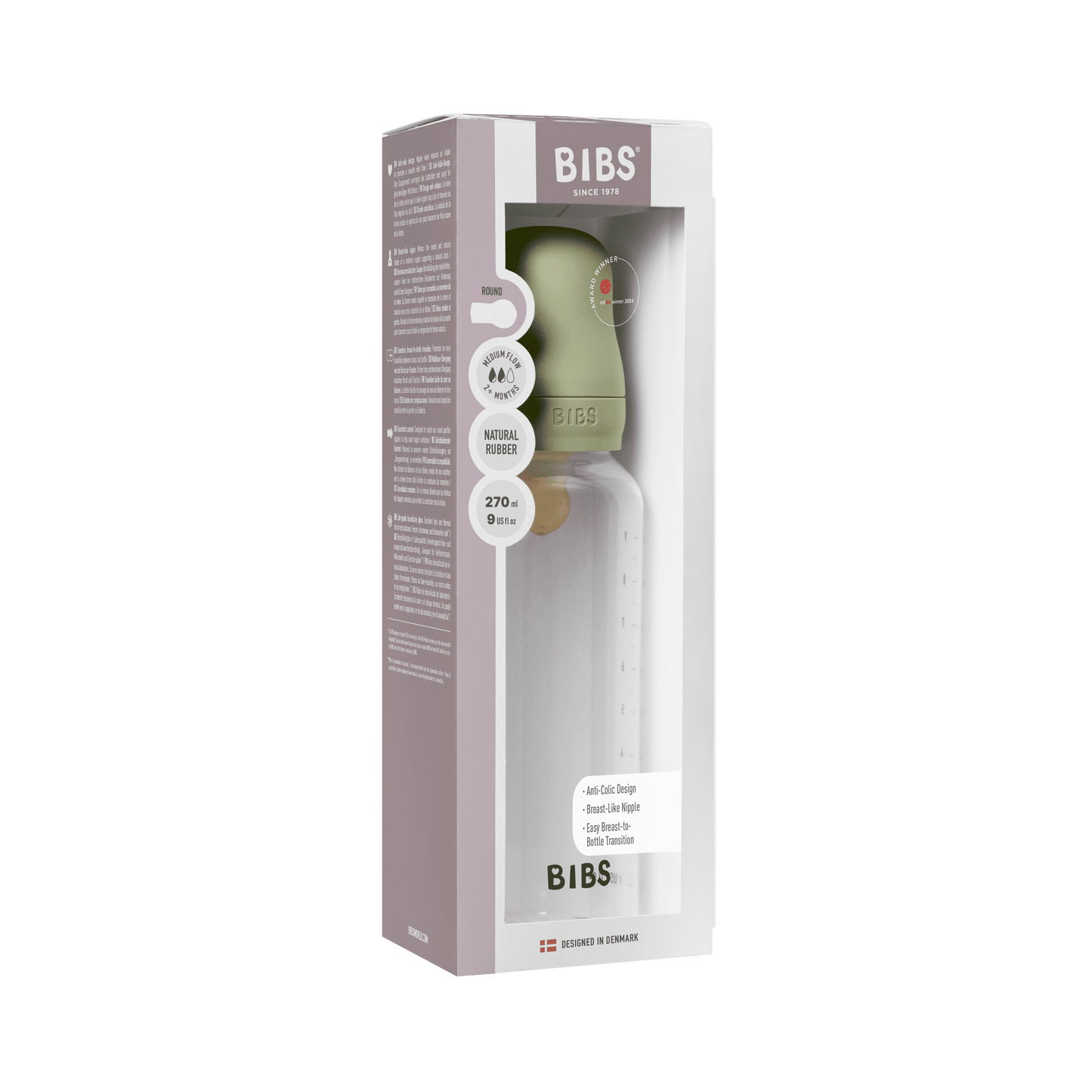 BIBS Baby Bottle Round Nipple Latex 1 Pack 270 Ml Medium Flow- Sage