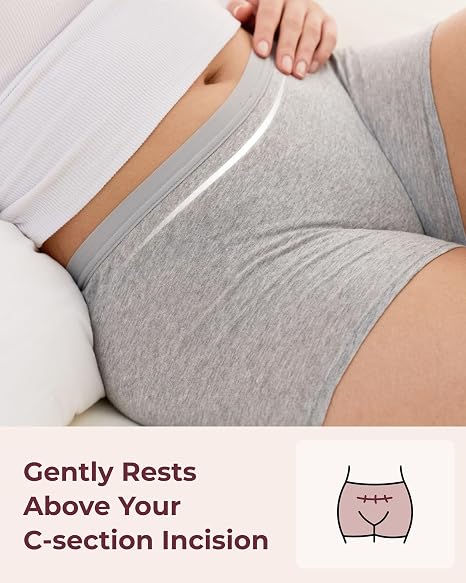 High-rise Momcozy postpartum boyshorts designed to sit above the C-section incision area