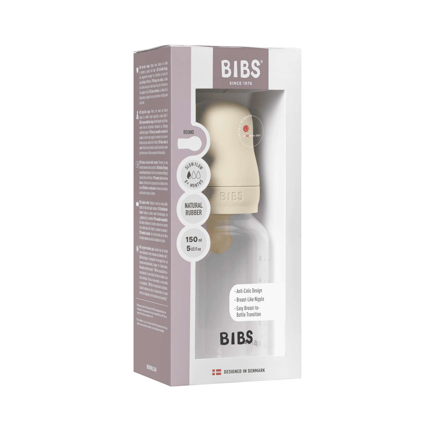BIBS Baby Bottle Round Nipple Latex 1 Pack 150 Ml Slow Flow-Ivory