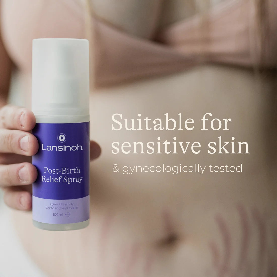 Lansinoh Post-Birth Relief Spray held during post-birth recovery
