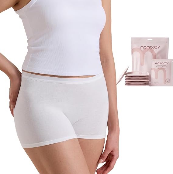Momcozy white cotton disposable postpartum boyshorts with individually sealed packaging