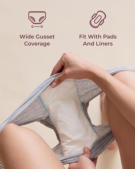 Wide gusset on Momcozy boyshorts designed to accommodate pads and liners