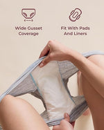 Wide gusset on Momcozy boyshorts designed to accommodate pads and liners