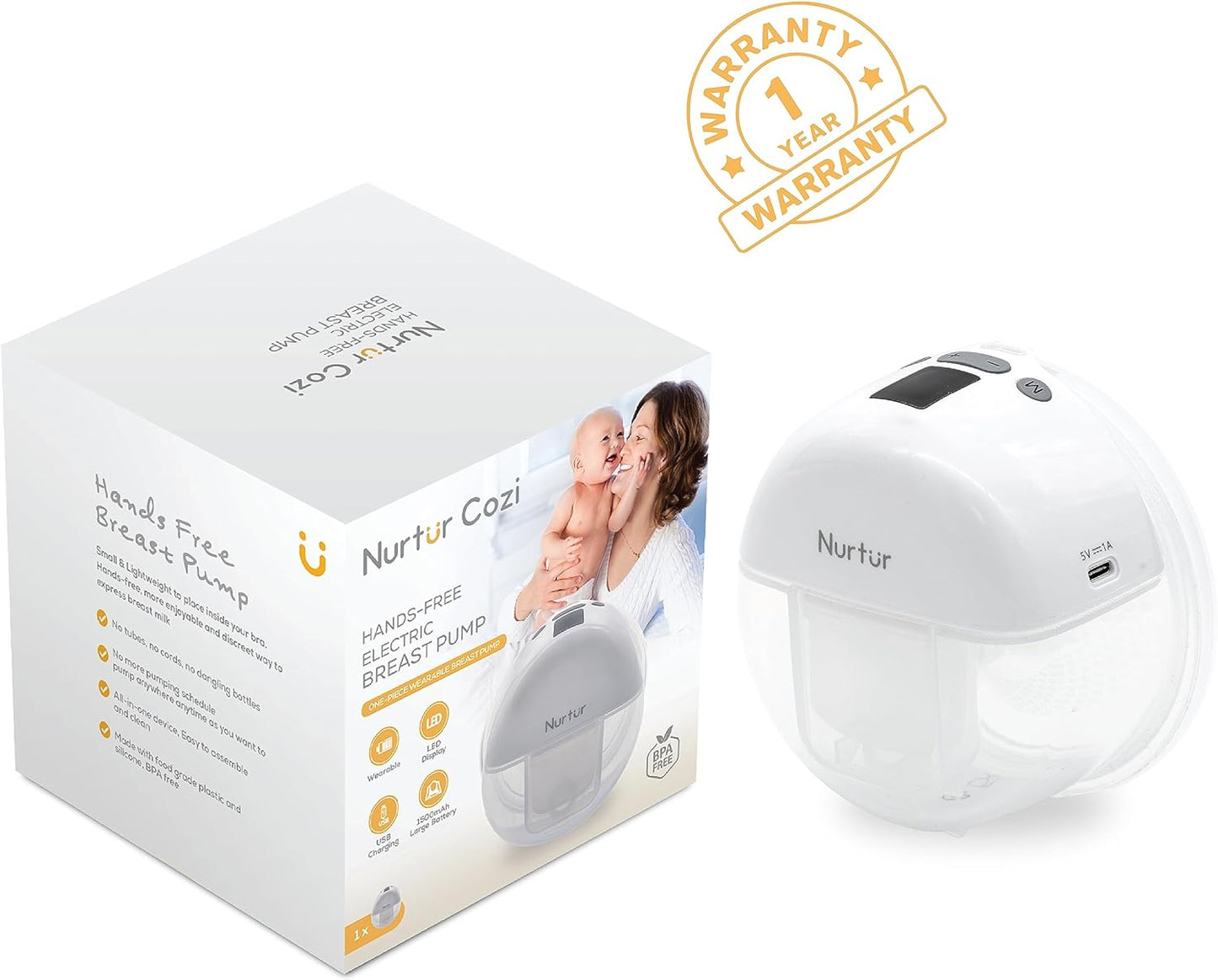 Nurtur Cozi - Portable Electric Breast Pump - White - 150ml