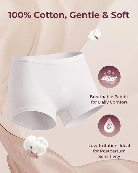White Momcozy postpartum boyshorts with wide gusset for pads and liners