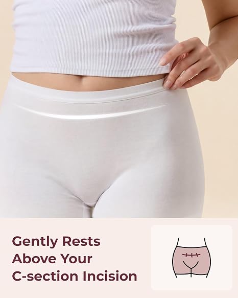 High-rise white Momcozy boyshorts designed to sit above the C-section incision area
