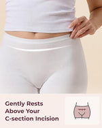 High-rise white Momcozy boyshorts designed to sit above the C-section incision area