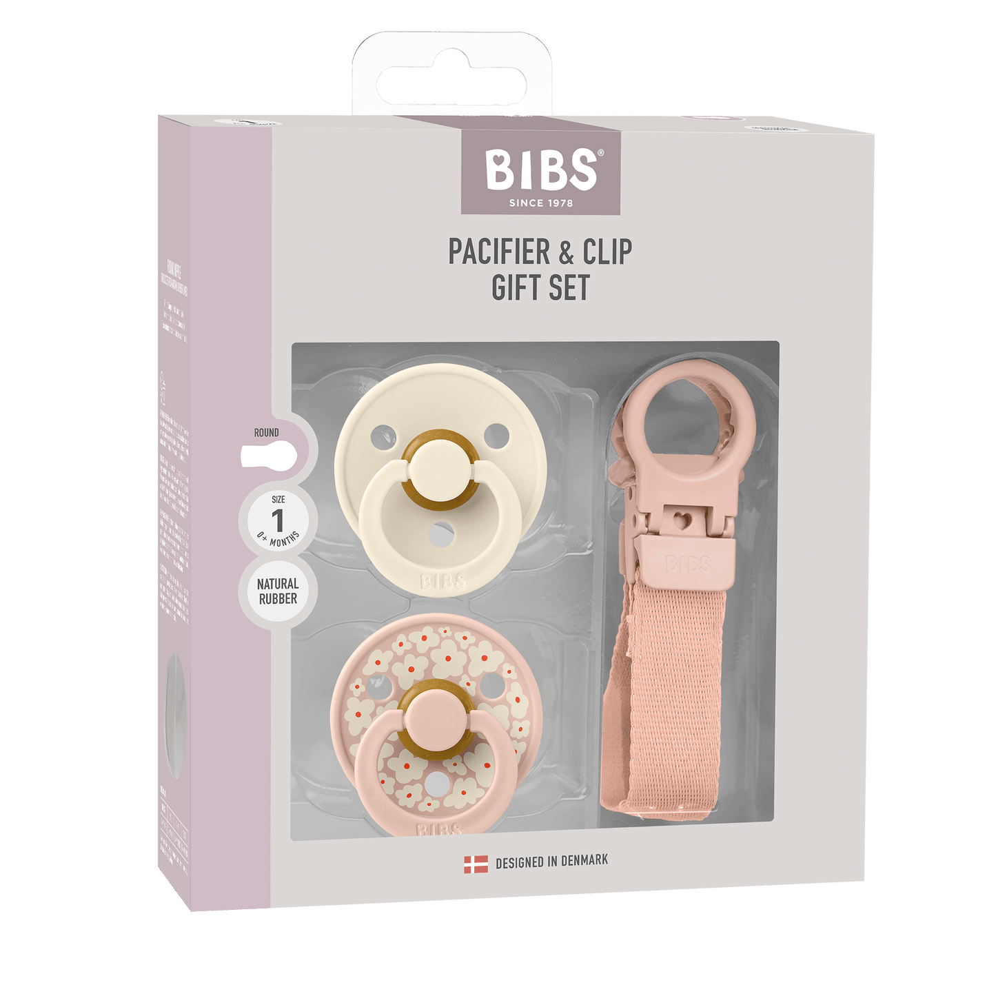 BIBS Colour Pacifier & Loop Clip Gift Set Latex Size 1 — Blush / Ivory