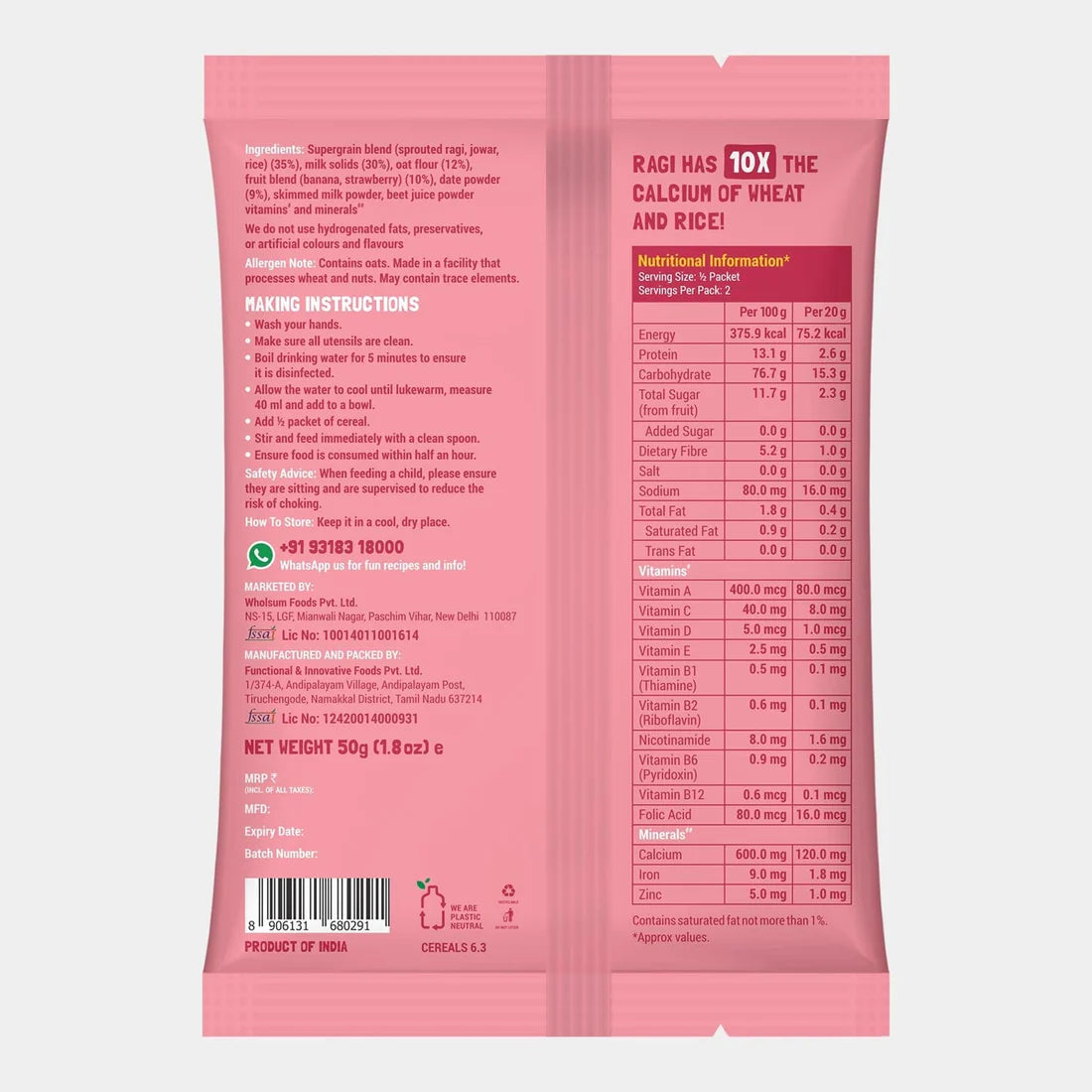 Slurrp Farm- NO ADDED SUGAR, Strawberry, Ragi & Rice Cereal