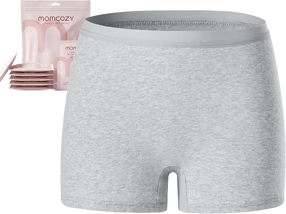 Momcozy grey cotton disposable postpartum boyshorts with individually sealed packaging