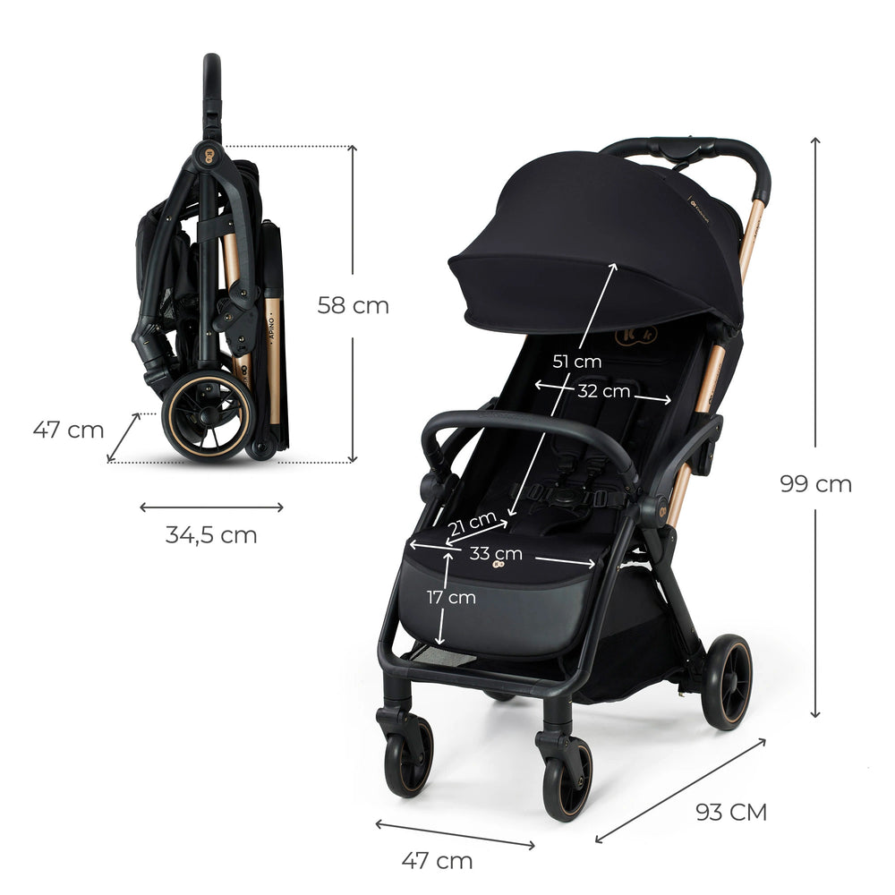 Kinderkraft APINO Black stroller folded and unfolded dimensions