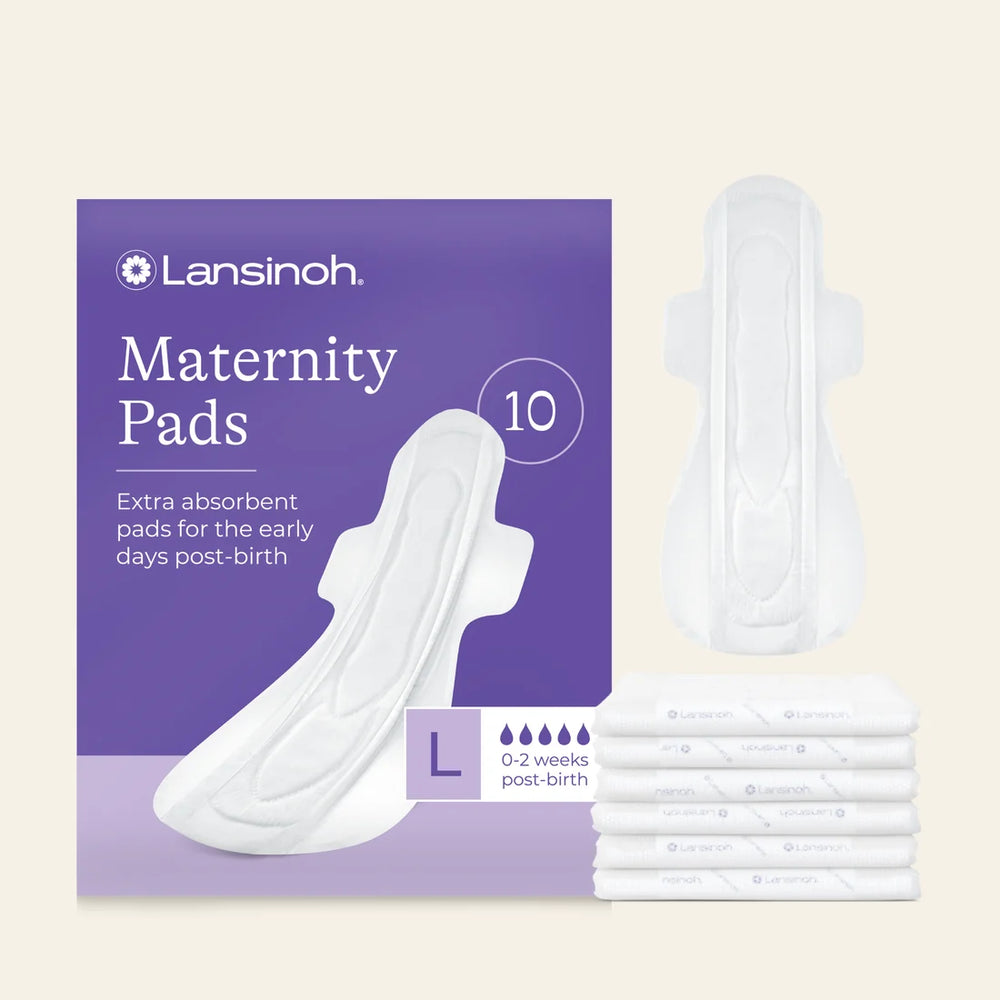 Lansinoh maternity pads 10-pack with large extra absorbent pad for 0–2 weeks post-birth