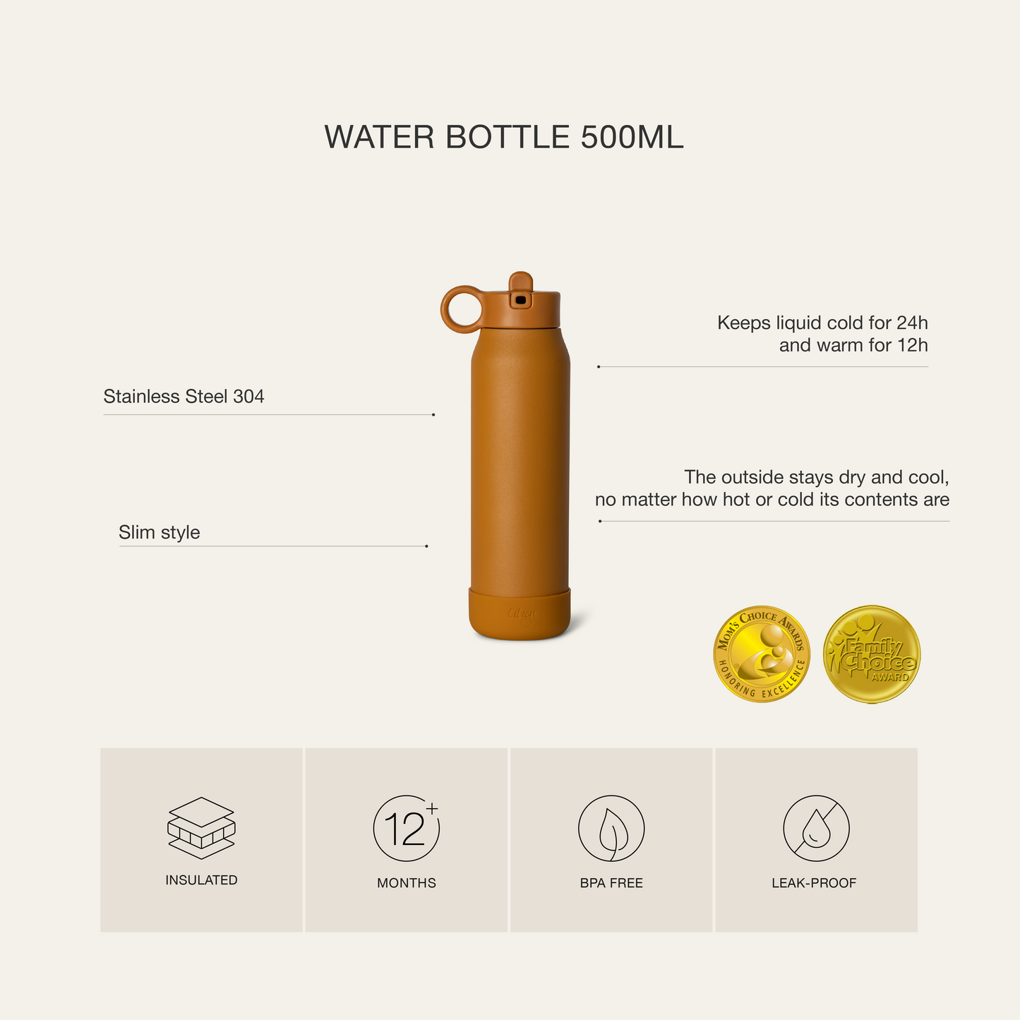 Citron-Stainless Steel Water Bottle 350ml- Vehicles