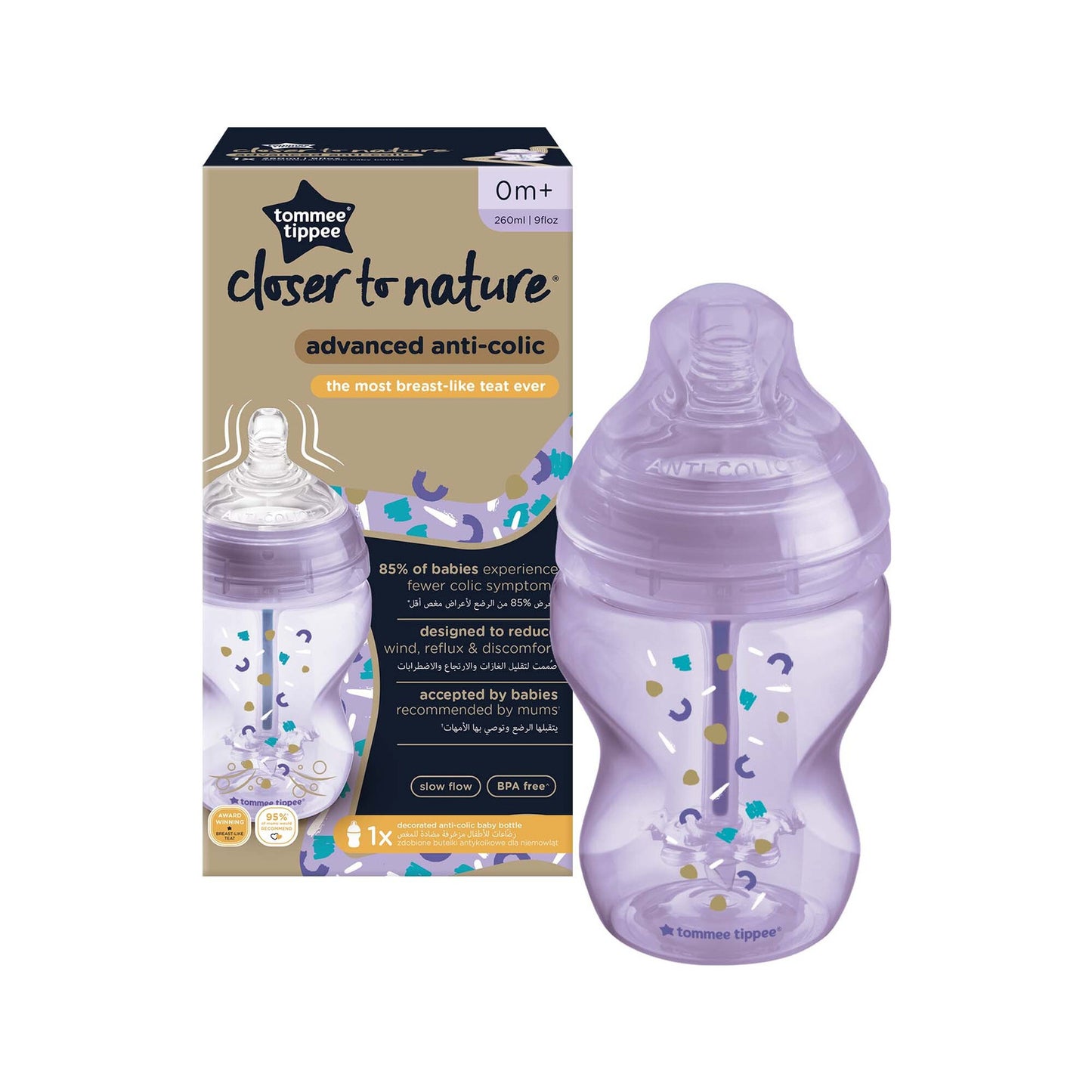 Tommee Tippee Advanced Anti-Colic Feeding Bottle, 260ml x1 - Girl