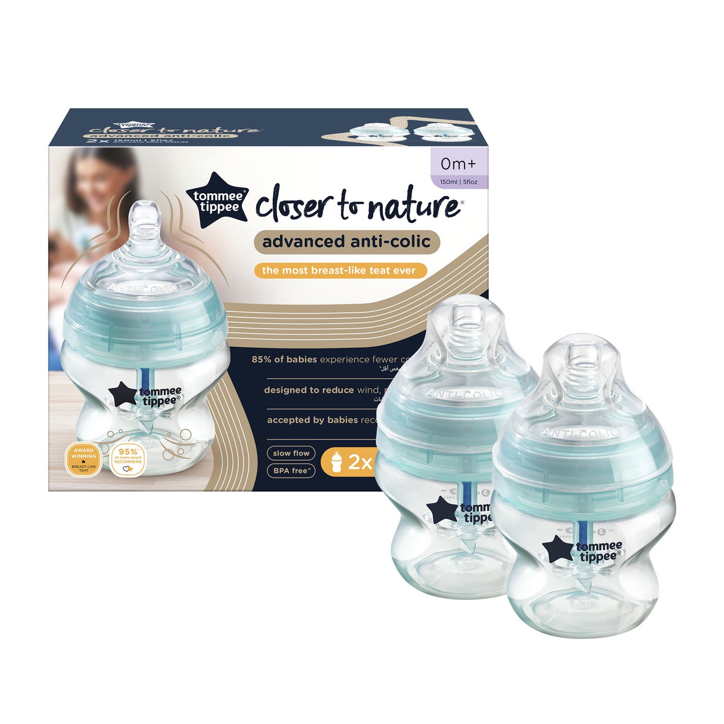 Tommee Tippee Advanced Anti-Colic Feeding Bottle, Slow Flow, 150ml x2 - Blue