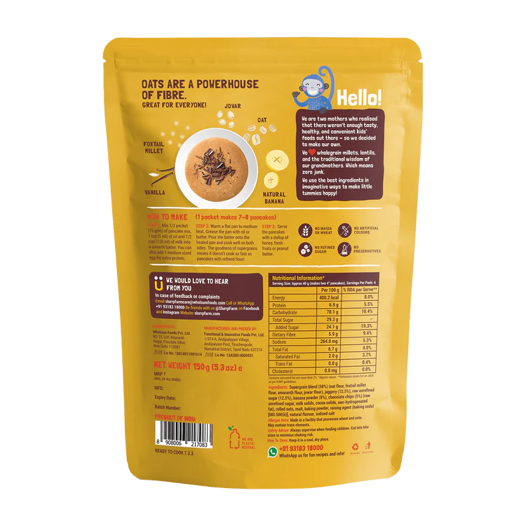 Slurrp Farm-Instant Breakfast Millet Pancake Mix, Banana Choco-Chip And Supergrains 150gm