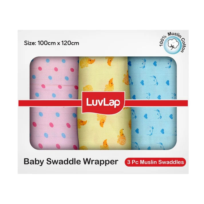 LuvLap 3-piece 100% cotton muslin baby swaddle set with dots and hearts print, 100 cm by 120 cm