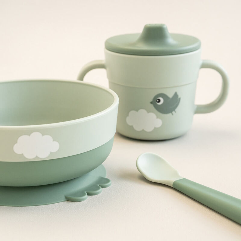 Done by Deer-Foodie first meal set w/suction - Happy Clouds -Green