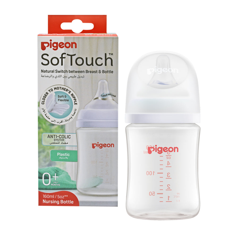 Pigeon SofTouch wide neck 160 ml plastic nursing bottle and packaging
