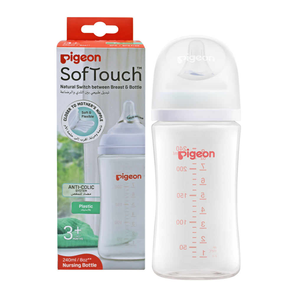 Mother feeding baby with Pigeon SofTouch nursing bottle