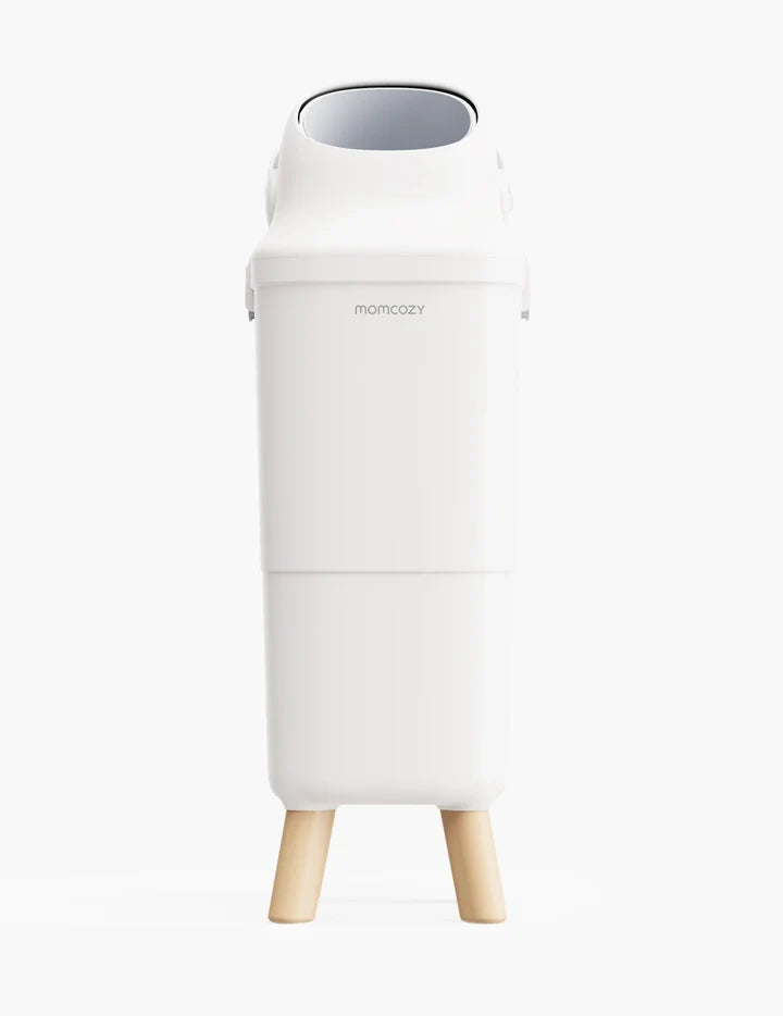 Momcozy Triple-Seal Diaper Pail in white with wood-look legs