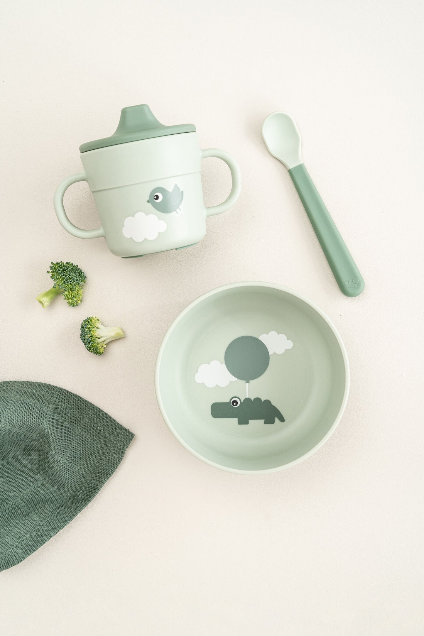 Done by Deer-Foodie first meal set w/suction - Happy Clouds -Green