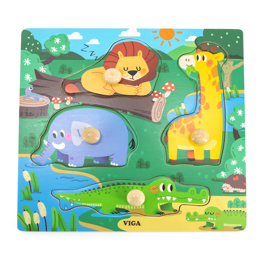 Flat Puzzle w/Wooden Knob: Wild Animals - Viga